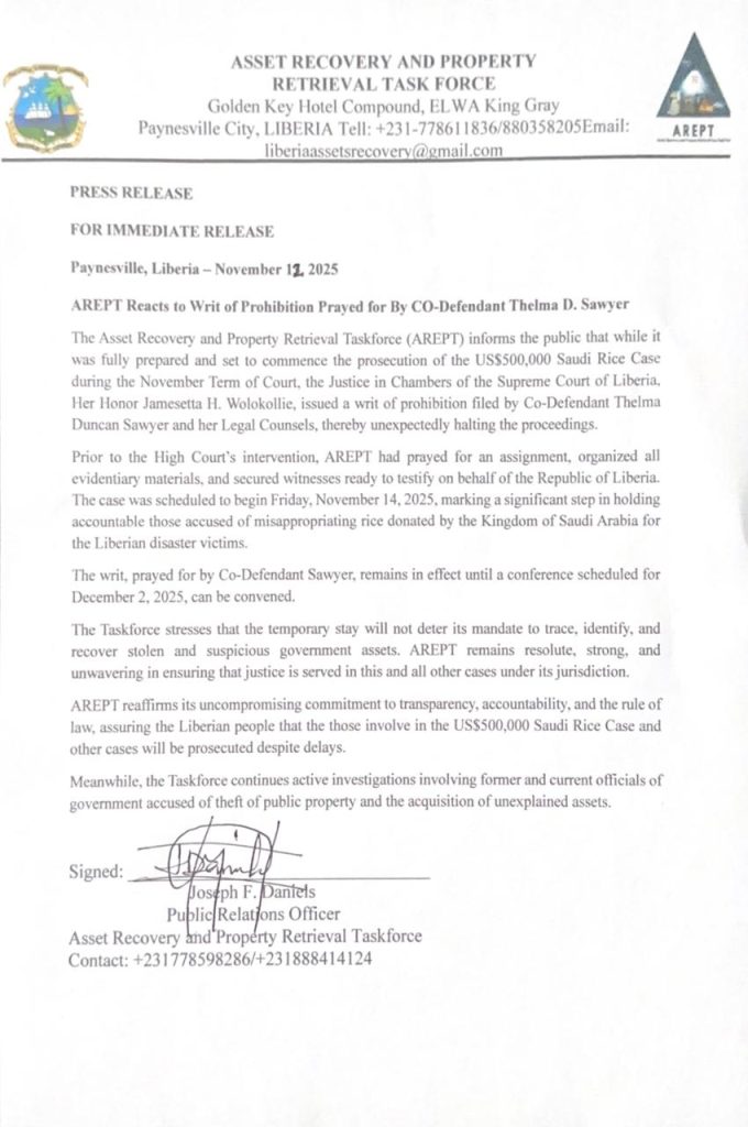 Press Release – AREPT Reacts to Writ of Prohibition Prayed for By CO-Defendant Thelma D. Sawyer